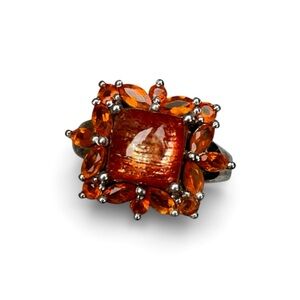 .925 Sterling Silver Orange Cocktail Ring Orange Halo Statement Estate Jewelry